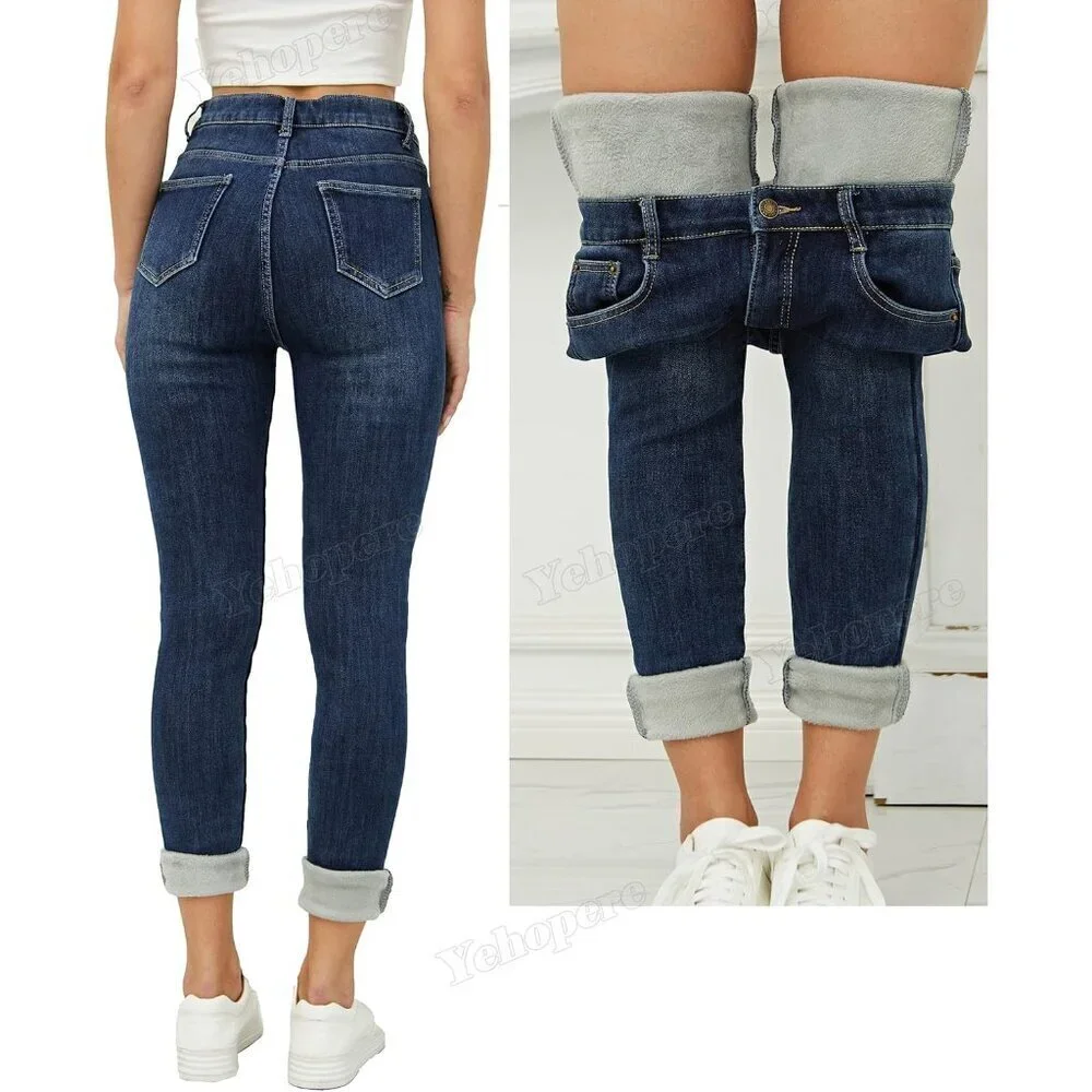 Women's Fleece Lined Slim Fit Thermal Jeans High Waist Winter Denim